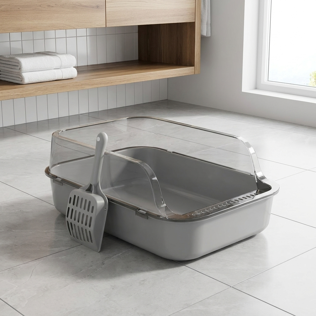 High-Sided Semi-Enclosed Cat Litter Box