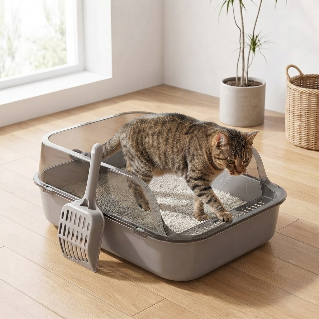 High-Sided Semi-Enclosed Cat Litter Box